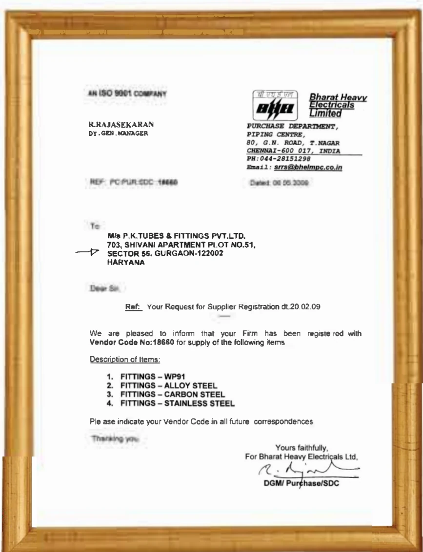 BHEL Supplier Registration — Bharat Heavy Electricals Limited — Piping Centre