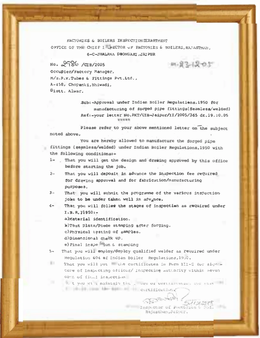 IBR Approval — Chief Inspector of Boilers, Rajasthan — Indian Boiler Regulations, 1950