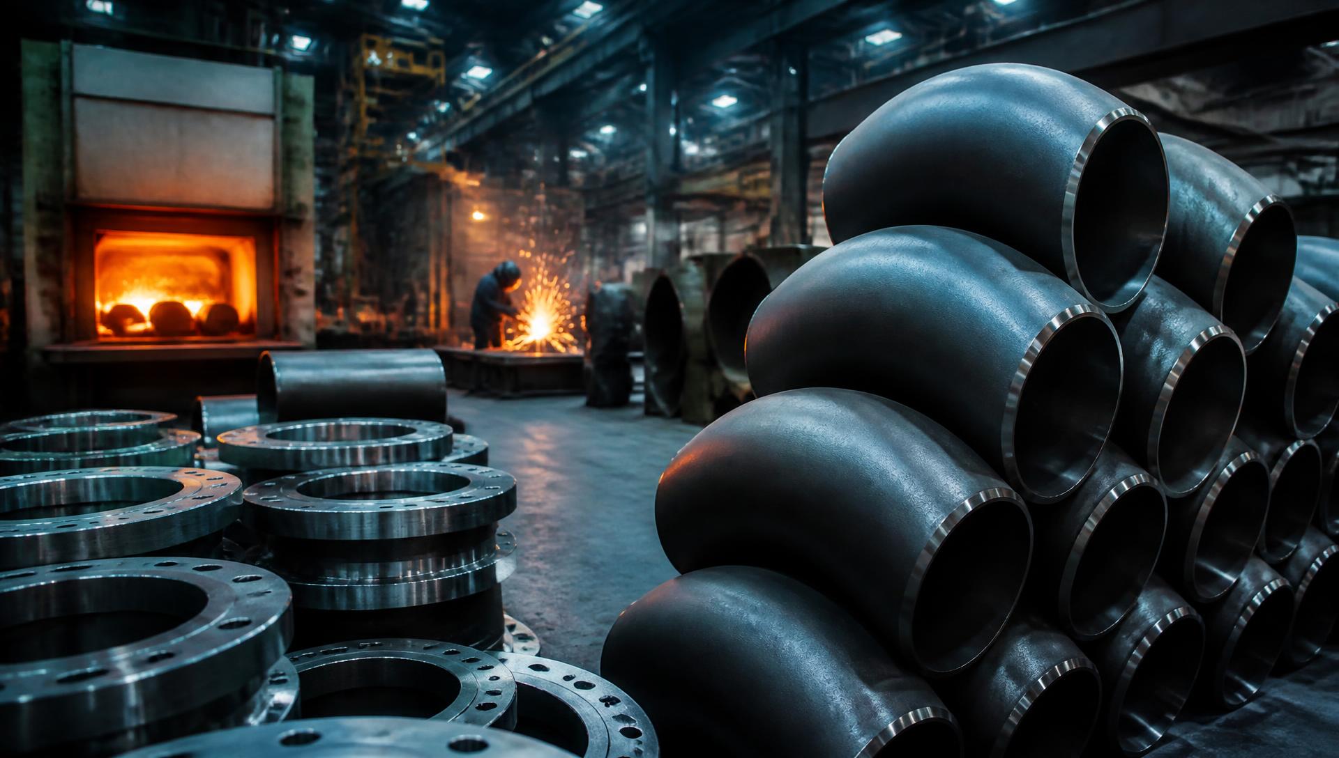 Steel pipe fittings and flanges on a manufacturing floor